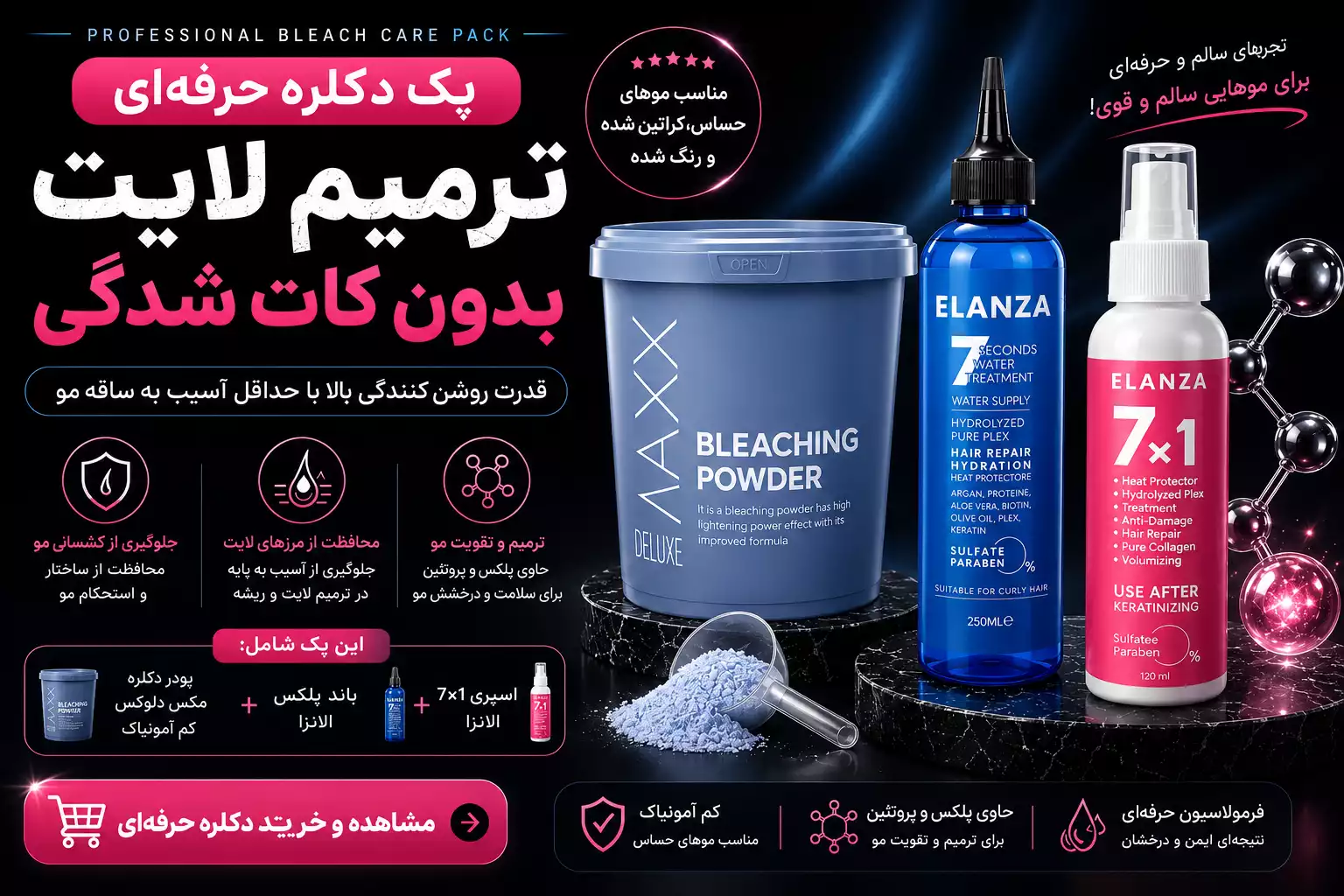 پک دکلره حرفه‌ای شامل پودر مکس دلوکس، باند پلکس الانزا و اسپری ۱*۷ الانزا